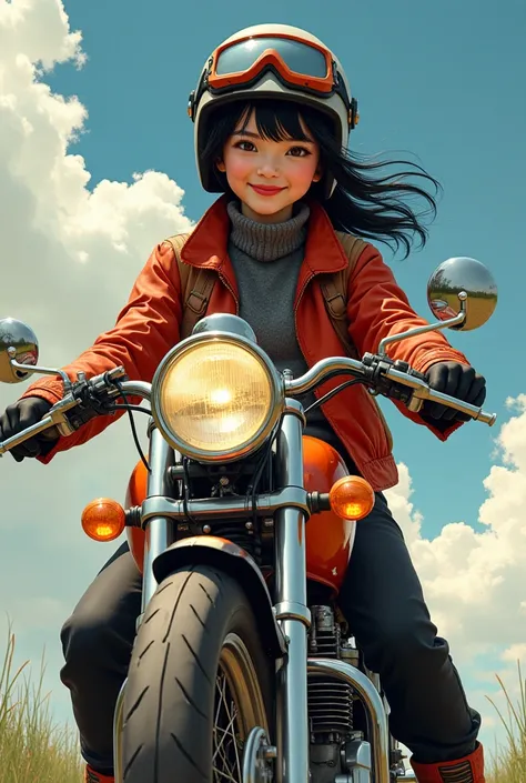   high res ,  Japanese beauty full of energy 　smile,  black hair, Disorganized shortcuts,   rides a motorcycle with fishing tackle　  helmet  　Vintage Goggles 　  Flight Jacket  　Thermal pants　  boots　 reservoir　  pop art 