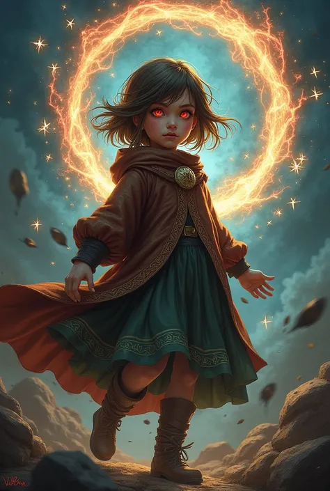 red-eyed brown-haired short girl wizard