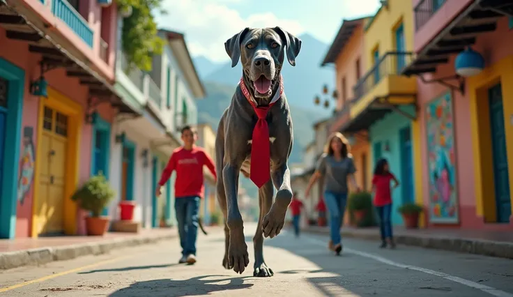 An ultra realistic giant Great Dane with its uniform grey coat and red tie, in a Brazilian favela, playing happily with smiling ren surrounded by colorful street art the scene is enhanced by Christmas decorations characteristic of this culture.