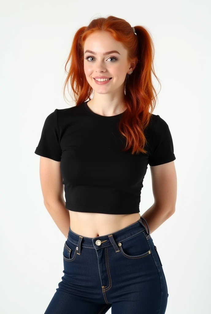 woman standing in front of a plain white background, that highlights her figure and appearance. She has red hair  , gathered in two symmetrical ponytails on both sides of the head, which gives it a youthful air.  Her face has delicate features ,  with larg...