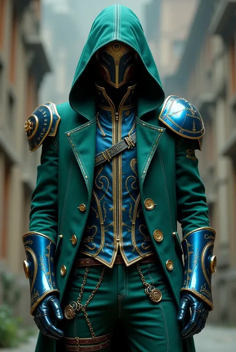 Gender Male, Futuristic Color Green Wizard tech Medieval Hoodie Jacket with Zipper Gothic Splicing Coat Victorian Steampunk Tailcoat,  Blue armor, Knight Helmet,  Spell writing on the suit