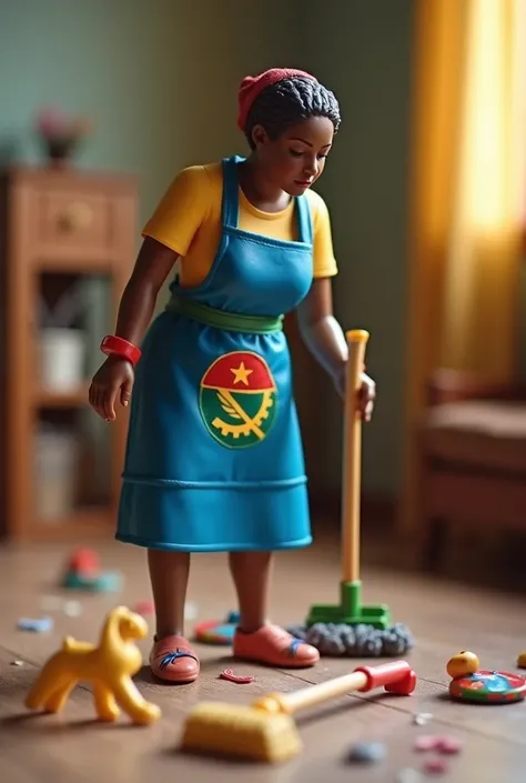 Place a figure of a brown Angolan woman ,  with a blue apron with the Angolan flag in the logo and with a mop in her hands cleaning the floor of a room.  and place toys on the floor to give a feeling of disarray 