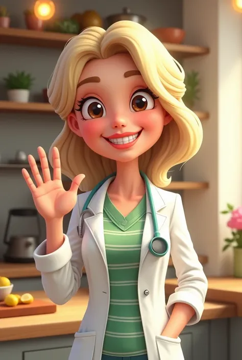  the image features a cartoon-style nutritionist with a cheerful look ,  very lively and welcoming .  She has fair skin and very light blond hair , with a side fringe . Her eyes are big brown,  bright and expressive ,  accompanied by a wide and friendly sm...