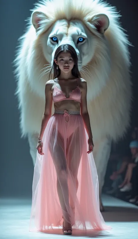 Cute Asian girl wearing a sheer pink dress and sexy lingerie is doing a fashion show with a majestic giant blue-eyed white lion behind her. The light is focused directly on the girl and the lion, The stage scene is blurred