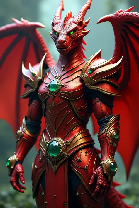  Red dragon armor with emerald gems on the helmet and gauntlets, wings on the back and helmet with green eyes 