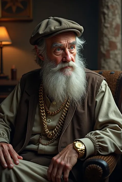 Create an old man with a cap and a long beard who wears a gold chain and tells a Rolex and ren a story 