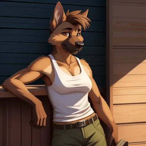 lanky_german_shepard female brown_eyes very_fluffy solo Masterpiece best_quality absurdres highly_detailed well_drawn_eyes anthro_only by_greasymojo by_runawaystride by_jezzlen cargo_pants tank_top