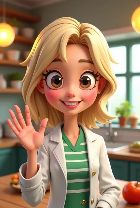  the image features a cartoon-style nutritionist with a cheerful look ,  very lively and welcoming .  She has fair skin and very light blond hair , with a side fringe . Her eyes are big brown,  bright and expressive ,  accompanied by a wide and friendly sm...