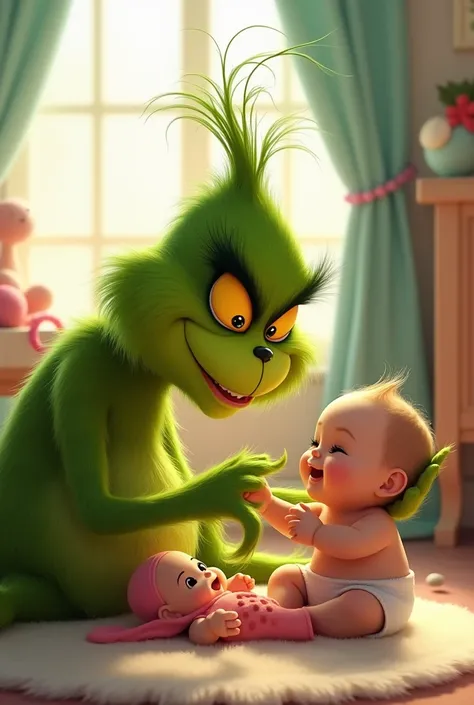 Kind and cheerful Grinch ,  with pretty eyes and a baby playing with a doll 