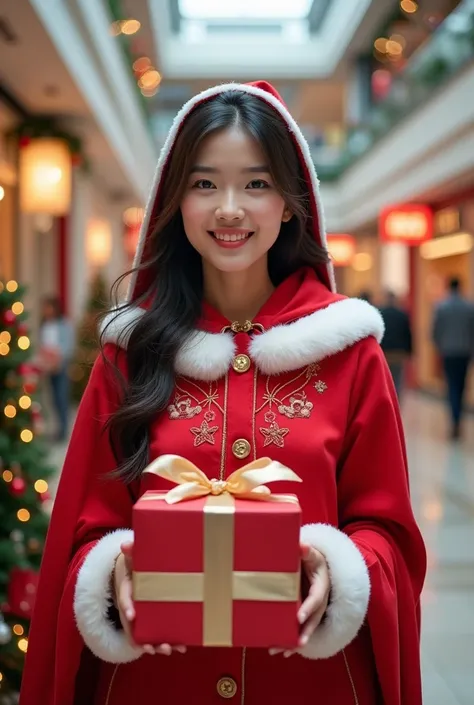  realistic photo , Asian woman, Red Santa Dress ,  Red Hood Edged in White Fluffy,  Red Santy Set Holds Gift Boxes For s ,  At Shopping Mall Christmas Event