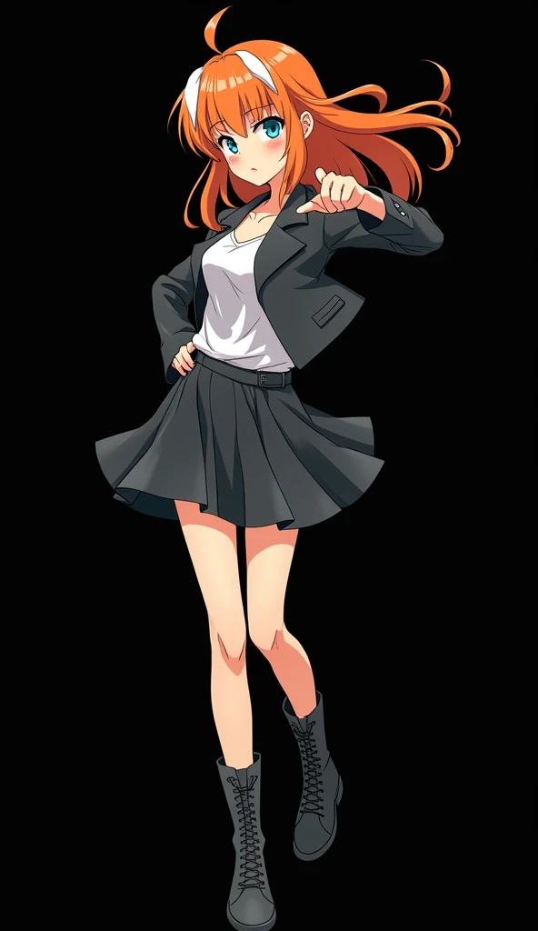 Female character created by Tatsuya Endo and drawn with the animation of the TOHO studio, a young girl with a slender and beautiful appearance, full body, fire-colored orange hair and very smooth with two white locks highlighted on the front, similar to th...