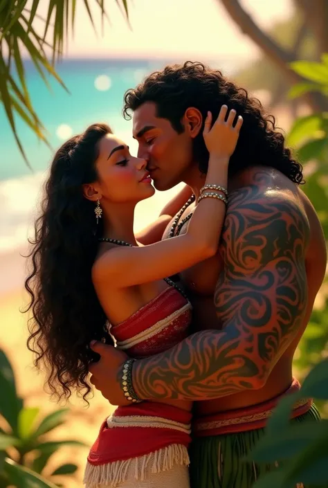 A photorealistic picture of Moana kissing Maui