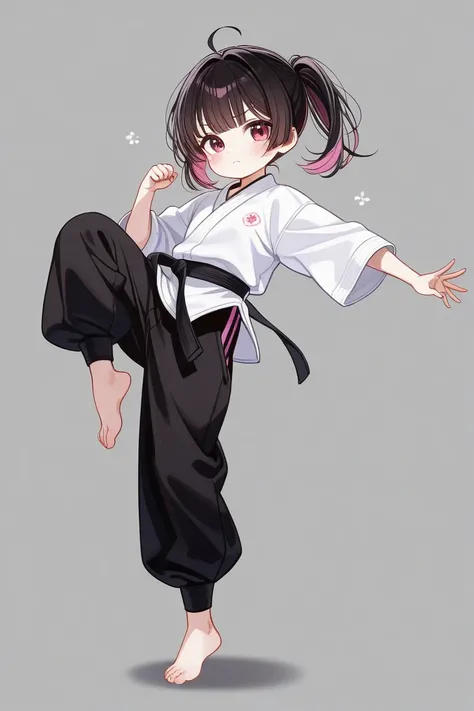  an adorable female chibi in her martial arts outfit, Karateka pants that are too big, barefoot 