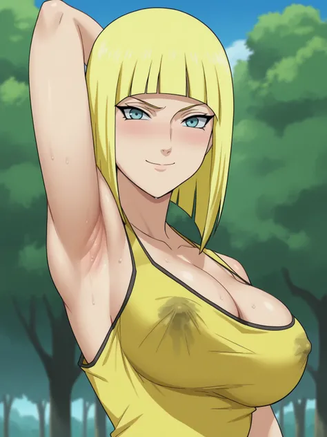 score_9, score_8_up, score_7_up, source_anime, anime screencap, 1girl, solo, samui, blue eyes, yellow hair, short hair, blunt bangs, large breasts, yellow tank top, cleavage, arm behind head, armpit, looking at viewer, head towards viewer, smile, badhandv4...