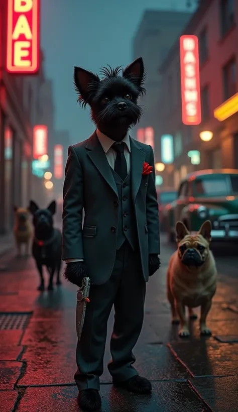 A cunning and charismatic Affenpinscher hybrid with a human-like body, standing at a normal height with a slim yet athletic build. The hybrid’s skin features the Affenpinscher’s wiry, rough black fur, giving it a unique, textured look. Its face blends huma...