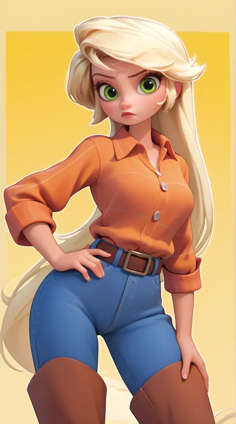 
A Disney & Pixar 3D rendered scene featuring a young woman with green eyes and bright blonde hair in a western attire, designed with a captivating and creative Disney/Pixar-inspired aesthetic