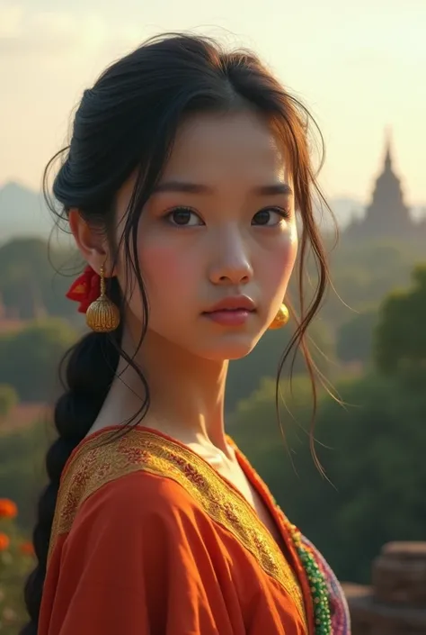 Please generate the photos the Myanmar girl with the Bagan ancient city background .
