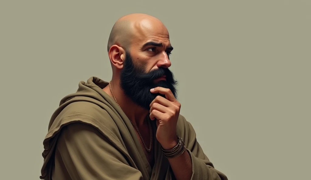 Create me a man with a beard and black and bald with a tunic doing the mimic of thoughtful looking into the void
