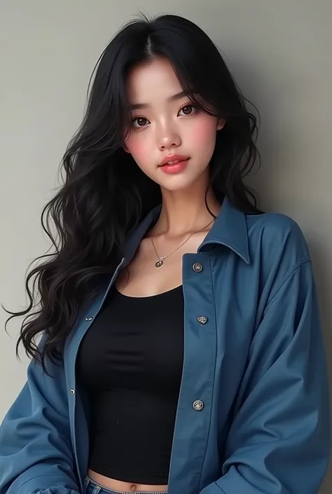 An 18 year old woman from Korea wearing a slightly thick black shirt and a blue jacket, has medium sized breasts and medium sized buttocks, with long black wavy hair.