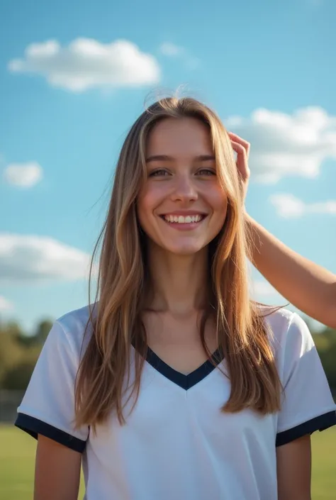  a young woman with long, straight hair that falls softly on her shoulders .  Her hair has a light brown shade and shines under the sunlight ,  highlighting the naturalness of her style .  she smiles slightly ,  showing a friendly and relaxed expression .
...