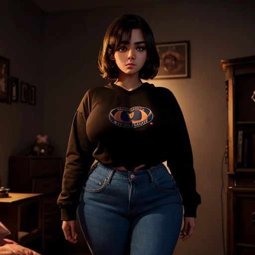 Dark nightmarish movie style, a petite cute shy innocent skinny with monstously huge fat size breasts Mexican nerdy emo teen, short volumetric hair, beautiful detailed brown eyes, cutely detailed lips, super cute highly detailed eyes and face, round shape ...