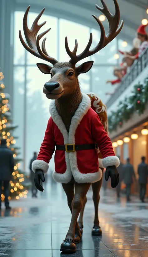  Christmas elk walking leisurely in the Forest Airport lobby， wearing red Christmas captain costumes ，, there are animal elves flying everywhere ，The background is behind the Forest Airport lobby ，winter