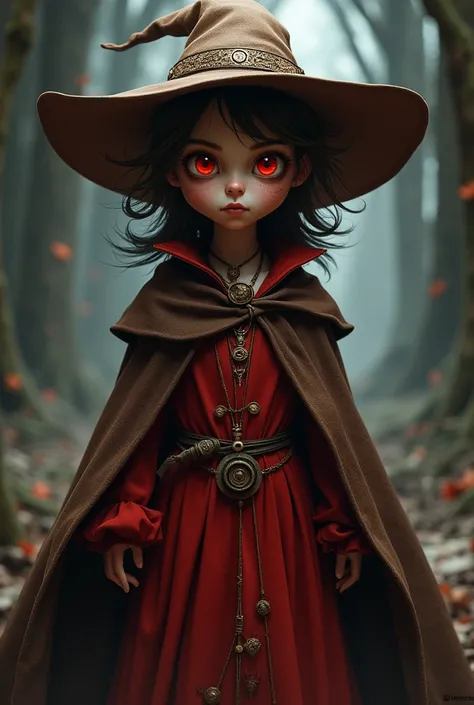 red-eyed brown haired short wizard red dress brown hat brown robe