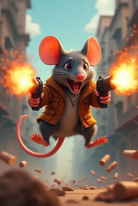  I would like the animated rat to move in the air while firing its two guns, as if it were a dynamic GIF . Make a gust of fire come out of the guns 