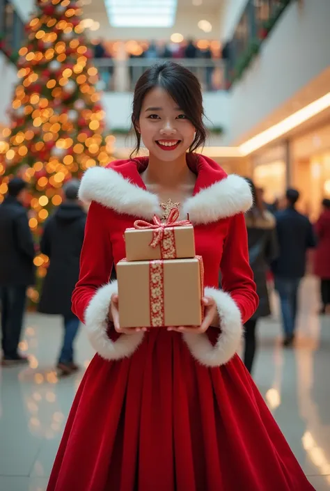  realistic photo , Asian woman, Red breasted Santa dress ,  Red hooded hem in fluffy white,  Red Santy Set Holds Gift Boxes For s ,  At Shopping Mall Christmas Event, . Behind is a big Christmas tree set in the middle of the mall., There were people walkin...