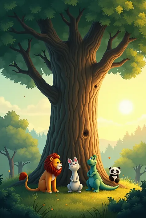 Once upon a time, in a magical forest, four best friends loved to play together. There was Leo the lion, Benny the bunny, Dino the dinosaur, and Ping the little panda.

One sunny day, they stumbled upon a hidden clearing deep in the forest. In the center o...