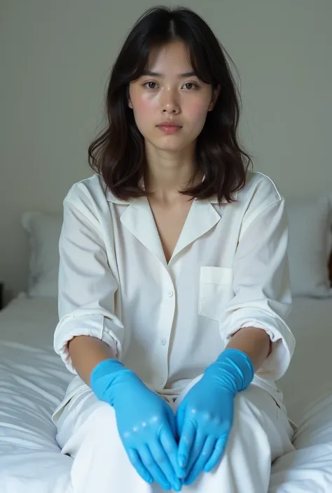 white college girl with dark brown hair wearing white pajamas and deep blue nitrile gloves sitting on a bed