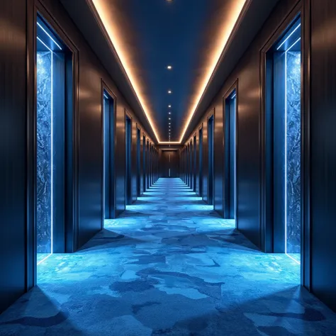 The opulent blue carpet of a luxury modern hotel hallway, adorned with modern digital doors, exudes a sense of design and sophistication. Each door is sleek and futuristic, reflecting the cutting-edge style of the establishment. The image, likely a photogr...