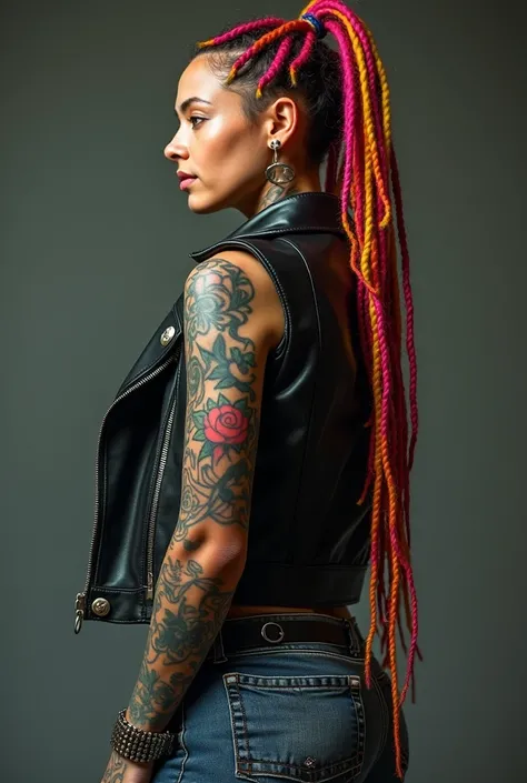 Woman with intricate tattoos, vibrant colorful dreadlocks, and a leather jacket, (ethnicity:1.2), (age:1.1), (detailed clothing:1.2), (accessories:1.1), (facial features:1.3), (expression:1.2), (body type:1.1), (pose:1.2),  standing in profile view, lookin...