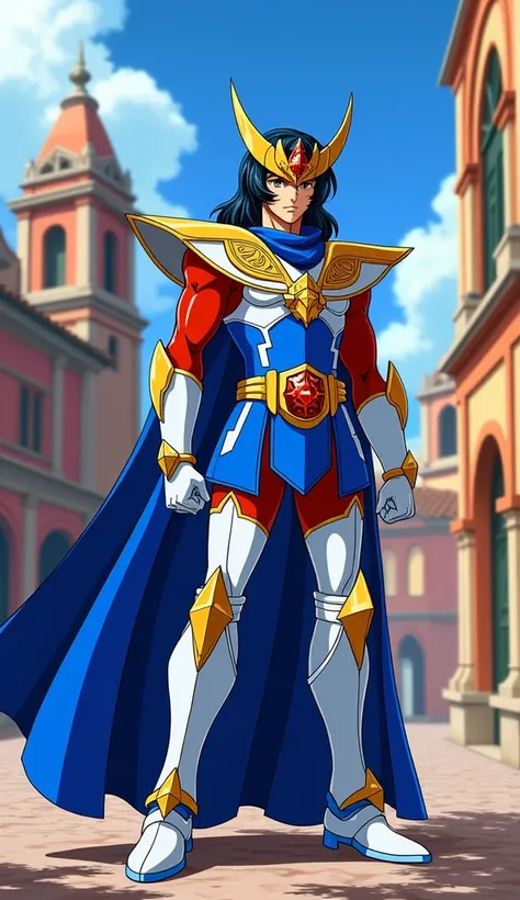 Imagine a character from the Saint Seiya cartoon, with armor and clothes that are in the colors of the flag and elements inspired by Nicaragua. The setting can be in a well-known place in the mentioned country. Anime style from the Saint Seiya series.