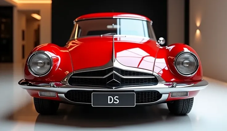 create an ultra-detailed 3D render, of a Classic 1950 Citroen ds 21 with a bold design looking long  captured from close front view. The car should feature a Gleamy  bold red  color with a citroen   logo on its front view a large white detailed grille like...