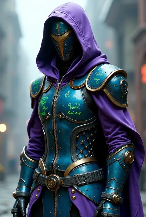 Gender Male, Futuristic Wizard tech Medieval Hoodie Jacket with Zipper Gothic Splicing Coat Victorian Steampunk Tailcoat Color Violet,  Blue armor, Knight Helmet, Green Spell writing on the suit, 