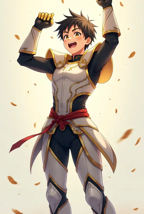 Anime boy warrior wearing minimalist armor and. He has gold in her hands. cheering and being happy. Make a full body portrait. Long shot