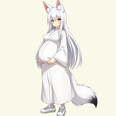 anime girl, long hair, white thin tights ,big pregnant belly girl  yellow eyes , hyper-pregnant girl, keep your finger on the pulse , white sneakers , anime style , Smile , High resolution, white hair,hyperbolized breasts,hyper-pregnant girl with a big bel...