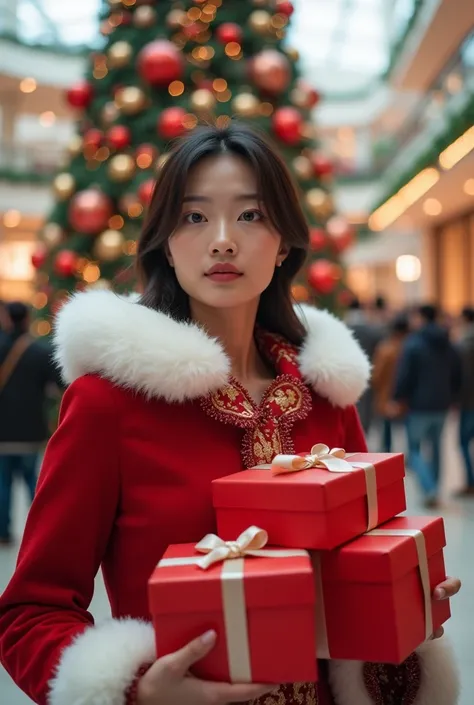  realistic photo , Asian woman, Red breasted Santa dress ,  Red hooded hem in fluffy white,  Red Santy Set Holds Gift Boxes For s ,  At Shopping Mall Christmas Event, . Behind is a big Christmas tree set in the middle of the mall.