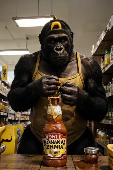 Gorilla holding a bottle of banana ketchup