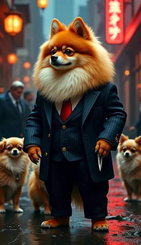 A fierce and cunning Pomeranian hybrid with a human-like body, standing at normal height with a lean and agile build that belies its formidable presence. Its luxurious double coat, fiery orange and cream, covers its body, with a thick ruff around the neck ...