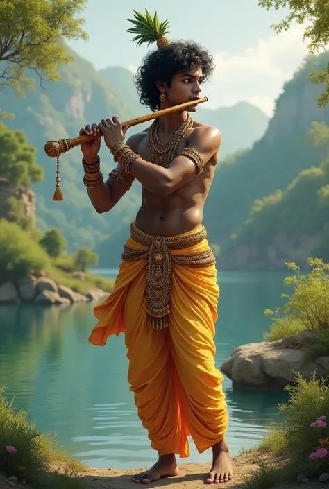 Lord Krishna playing the flute, radiating tranquility and divine beauty in a serene natural setting.