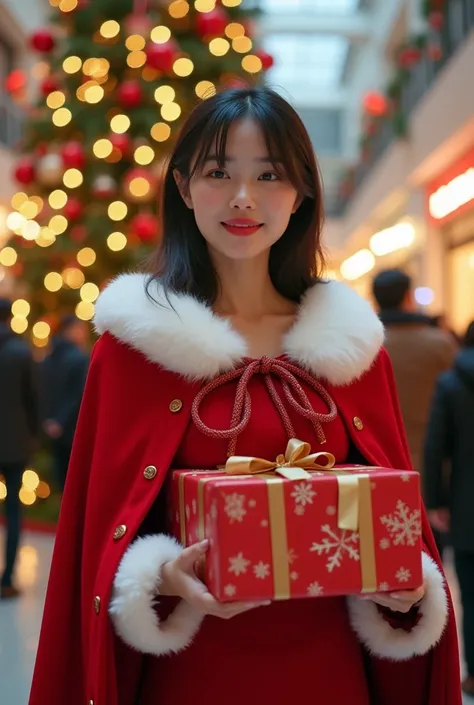  realistic photo , Asian woman, Red breasted Santa dress ,  Red Hood Edged in White Fluffy,  Red Santy Set Holds Gift Boxes For s ,  At Shopping Mall Christmas Event, . Behind is a big Christmas tree set in the middle of the mall.