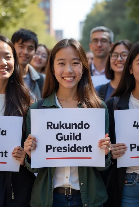 Generate for a good picture of students please a picture of real people not cartoons holding placards with the word “ RUKUNDO 4 GUILD PRESIDENT “