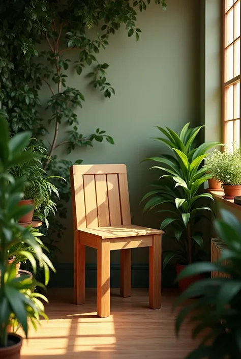 A chair in a room at dusk in a room full of plants A chair for a wooden chair without armrests