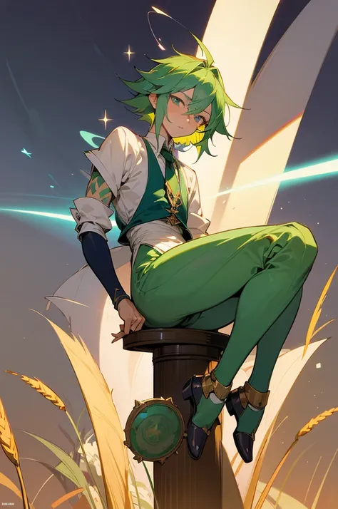 sakuya, magicpunk style, incredibly absurdres, concept art, best quality, perfect lighting, illustration, vanishing point, sitting, looking at viewer, mature male character, 1boy, (no mouth:1.3), male focus, masculine, green hair, Dyed Bangs, sparkling eye...