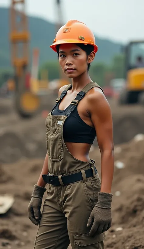 Best quality, masterpiece, realistic, photography, full body shot. A muscular 30 years old Indonesian woman with bulging muscles, wearing mens construction uniform, safety boots, and safety helmet, no makeup, no accessory, short cropped hair, working in co...