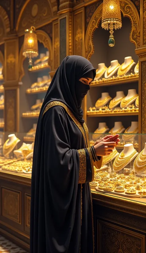 A woman wearing a burqa, buying jewelry from a gold shop