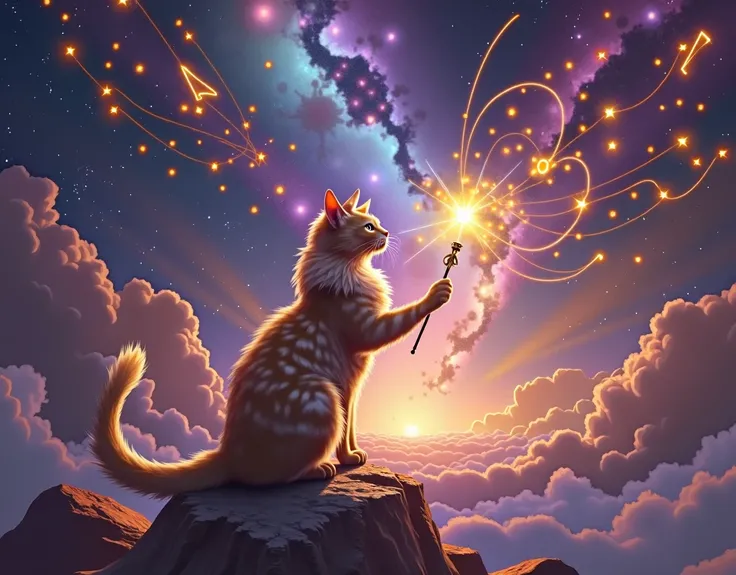 A celestial cat standing on a glowing star, conducting an orchestra of twinkling stars and colorful nebulae. The cat holds a magical baton emitting radiant light, and the stars form musical notes across the cosmic sky. The background is a vibrant mix of pu...