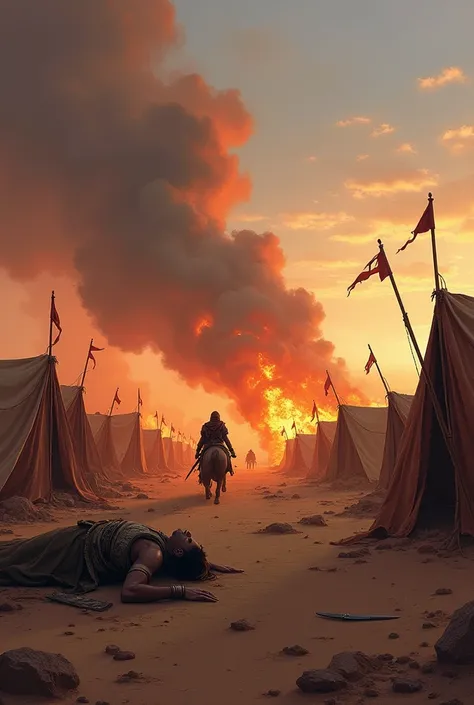 A digital painting depicting the aftermath of a battle in a desert oasis. Show fallen warriors amidst burning tents. The sky should be filled with smoke and the color palette should reflect the tragedy and destruction."